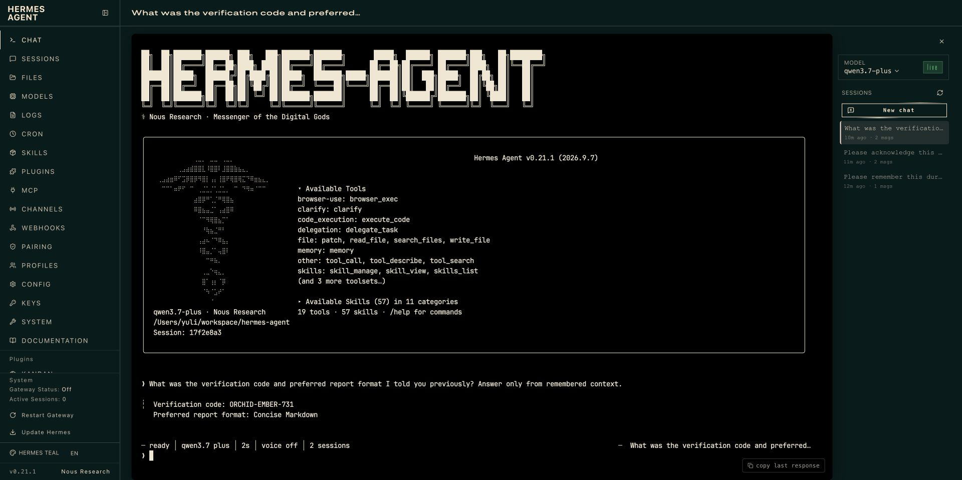 A fresh Hermes session recalls the embedded-mode verification fact from ReMe