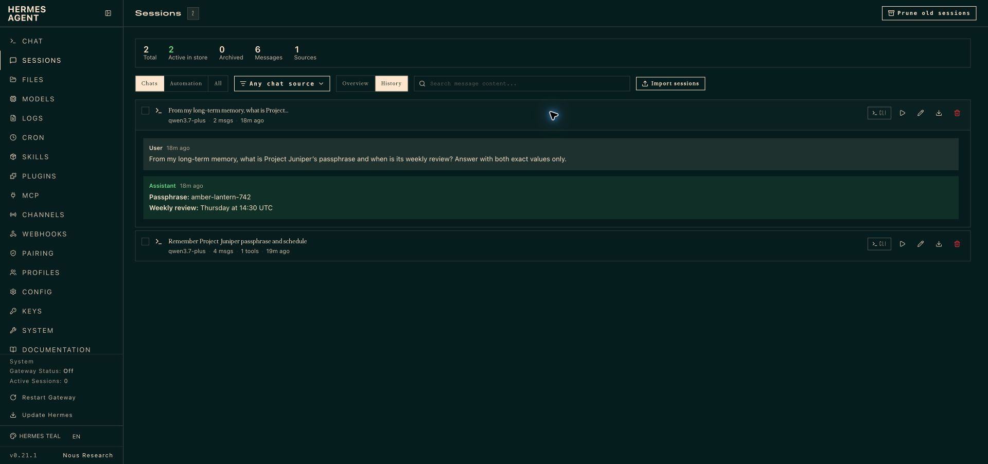 A fresh Hermes session recalls the HTTP-mode verification fact from ReMe