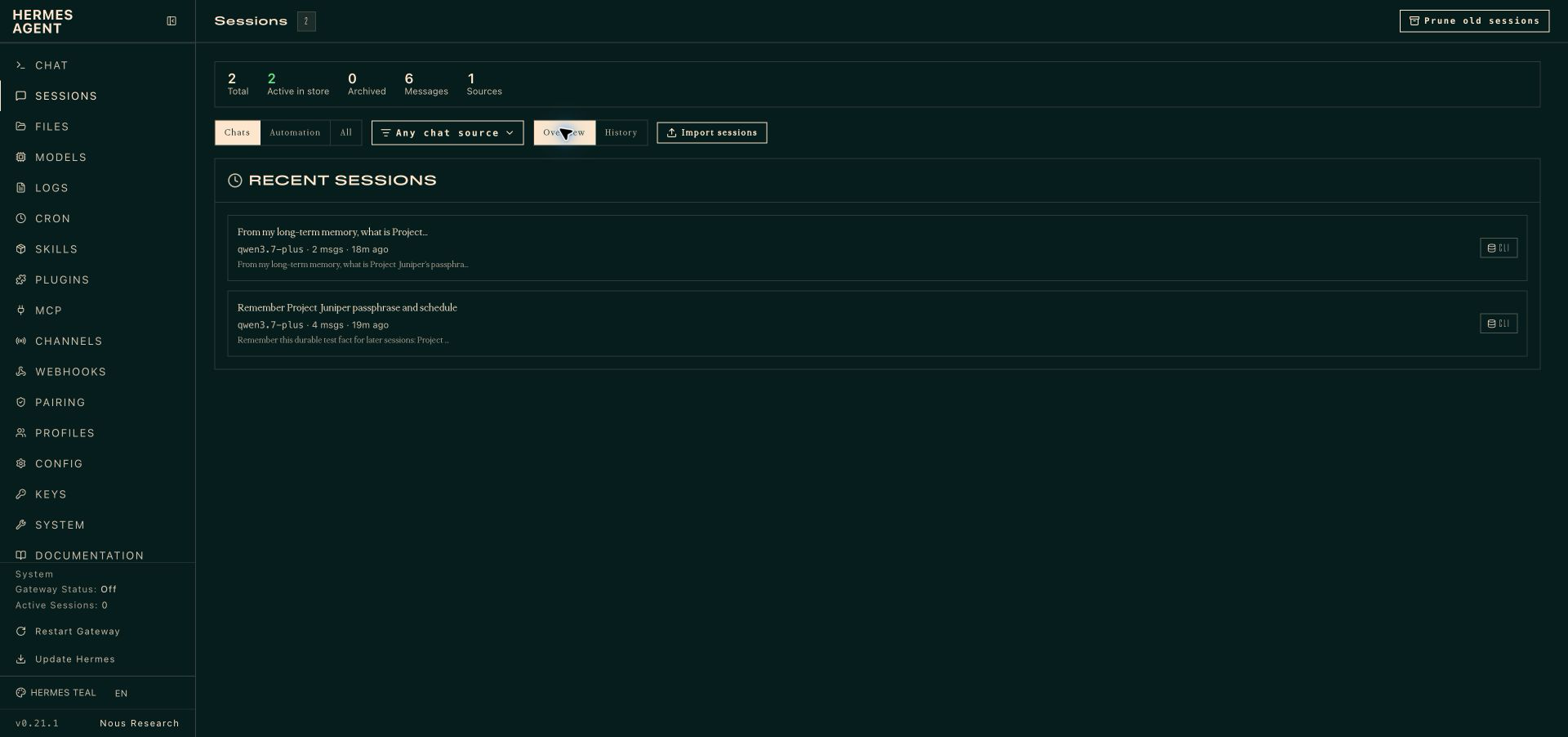 The write session and fresh recall session in the Hermes session overview